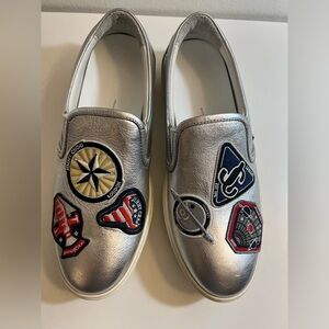 JIMMY CHOO GROVE SILVER GRAINY EMBROIDERED LEATHER SLIP ON SNEAKERS
